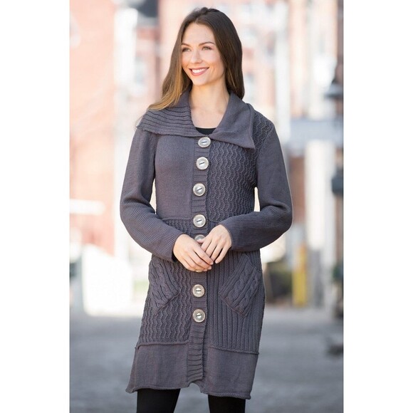 Pure Handknit Cardigan Sweater Patchwork Cotton Stretch Button Front Size M/L - Picture 3 of 15